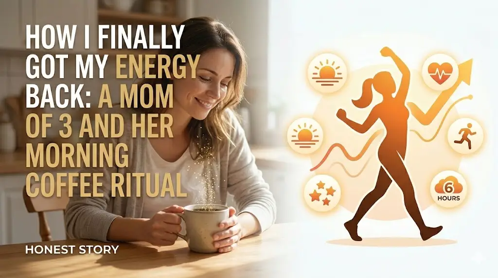 A warm and relatable featured image for a mother’s personal story, showing a mother enjoying her quiet morning coffee ritual to boost her energy.